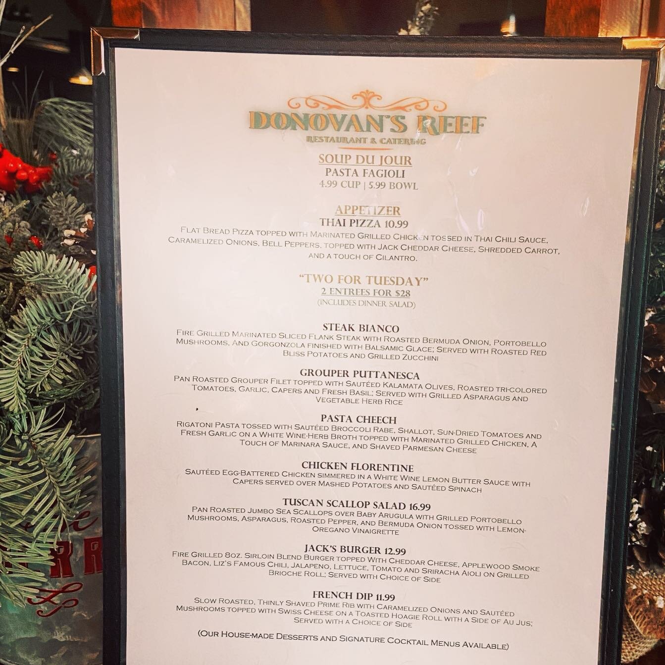 Today Two for Tuesday specials!!
2 Entrees for $28 all entrees include a dinner salad. 
On the menu today is our famous Chicken Florentine.
Come dine in with us or call in for takeout or curbside pickup.